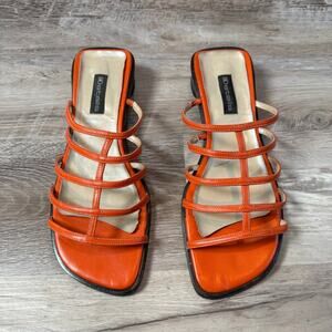 Vintage Y2K Details Orange Leather Strappy Sandals Low Block Heel Minimalist 11